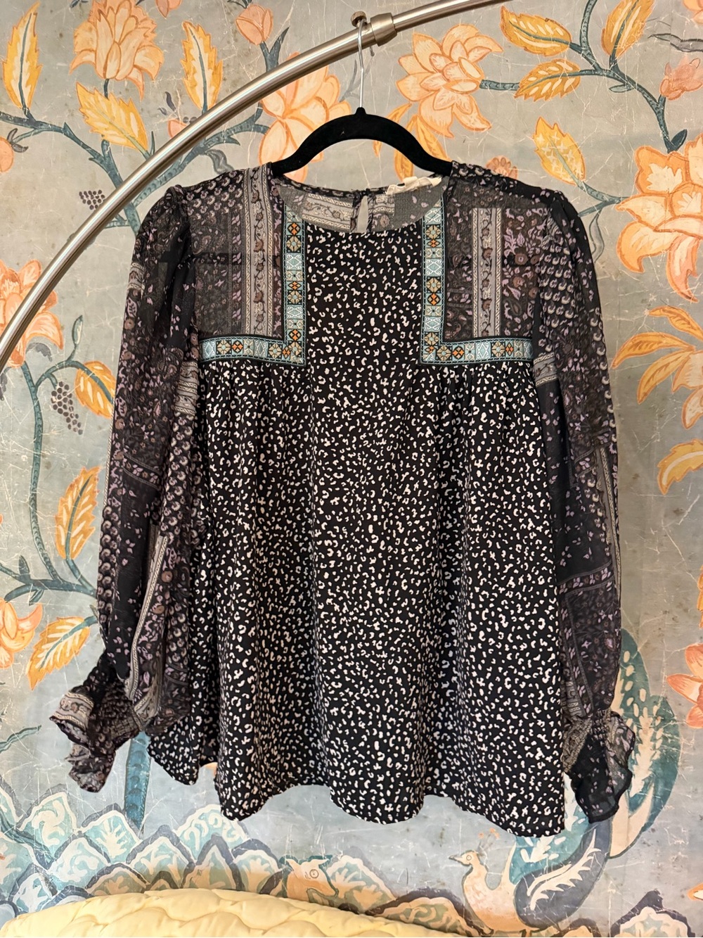 Entro Mixed Print Boho Peasant Blouse Black Small